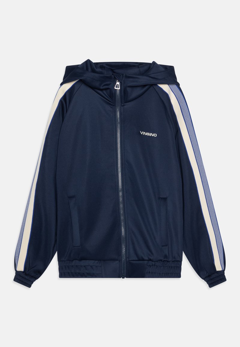 Ναυτικό αθλητικό μπουφάν με κουκούλα, φερμουάρ, κρεμ πλευρικές ρίγες, ελαστικές μανσέτες και τσέπες; κατασκευασμένο από λείο, ελαφρύ ύφασμα.