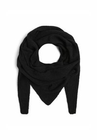 Sciarpa nera lavorata a maglia a forma triangolare con una texture morbida e punte allungate per il drappeggio. Nessun motivo visibile o accessori.