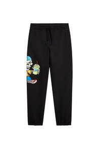 Pantaloni sportivi neri con elastico in vita e polsini. Presentano una grafica colorata di uno scheletro che tiene una bevanda sulla gamba sinistra.