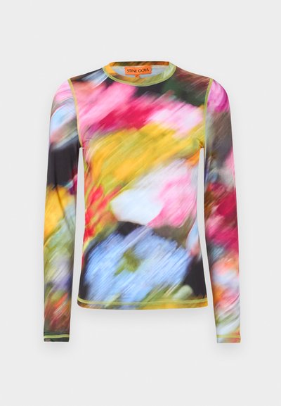 Ilga rankovė marškinėliai su daugiaspalviu abstrakčiu gėlių raštu. Pagaminti iš tamprių medžiagų, su apvaliu kaklu ir kontrastingomis geltonomis siūlėmis.