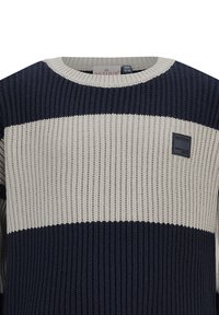 Maglione lavorato a maglia con strisce orizzontali blu navy e grigio chiaro, collo a giro, texture a coste e una piccola etichetta nera del marchio.