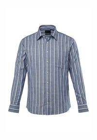 Camisa de manga larga de botón en patrón de rayas azul y blanco, con un bolsillo en el pecho y un cuello con solapa, fabricada en un tejido ligero.