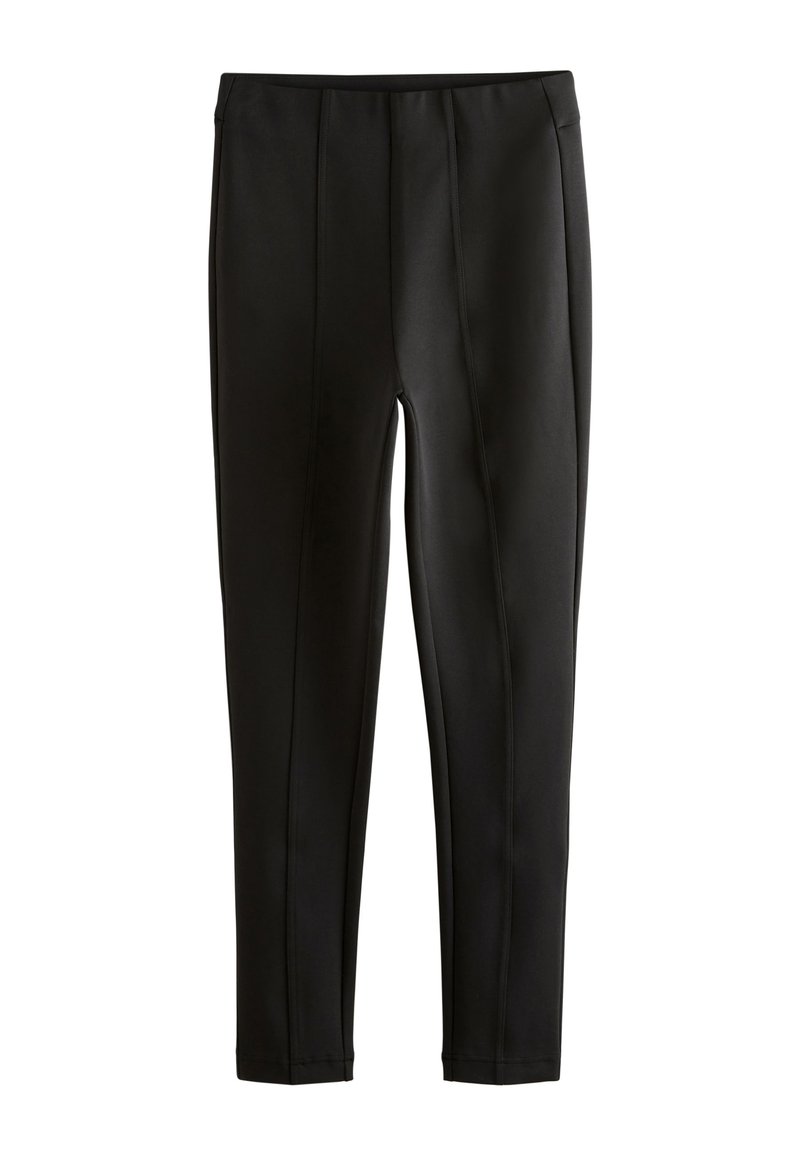 Black leggings made of smooth, stretchy material, featuring a fitted design, seam accents running down the front, and an elastic waistband.