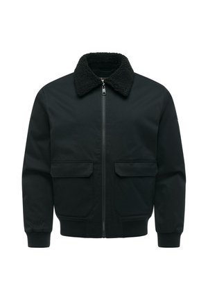 Zwarte bomberjas met ritssluiting aan de voorkant, twee klepzakken, geribde boorden en zoom en een zachte, gestructureerde kraag.