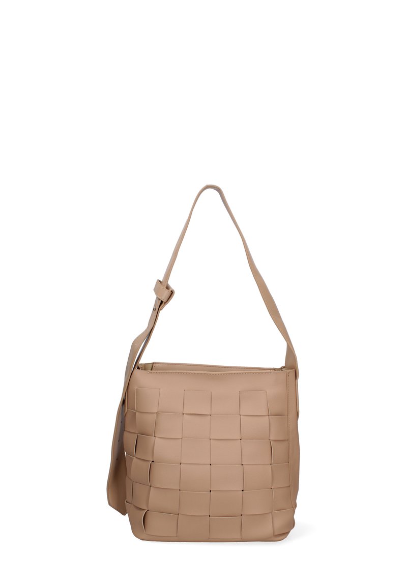 Borsa a tracolla beige intrecciata con motivo a quadri, tracolla regolabile e chiusura superiore con zip. Realizzata in materiale sintetico texturizzato.