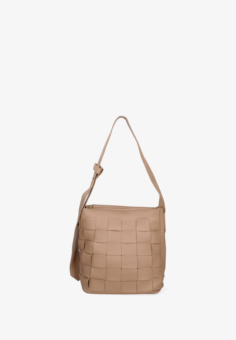 Beige geweven handtas met een vierkant patroon, verstelbare schouderriem en een ritssluiting bovenaan. Gemaakt van gestructureerd synthetisch materiaal.