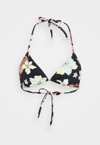 Top bikini nero con coppe triangolari, caratterizzato da motivi floreali gialli e rosa, con lacci regolabili al collo e sulla schiena, texture liscia.