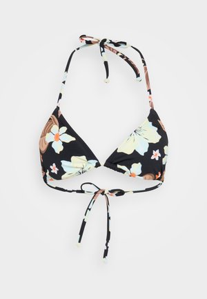 Svart blomster-bikini topp med trekantede kopper, med gule og rosa blomster mønstre, justerbare bånd i nakken og på ryggen, glattere tekstur.