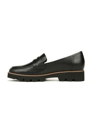 Black leather loafer with a rounded toe, featuring a stitched accent band and a chunky rubber sole with a flat heel.