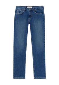 Jeans a gamba dritta blu con tasche frontali e posteriori, chiusura con bottone e un'etichetta del marchio visibile all'interno della vita.