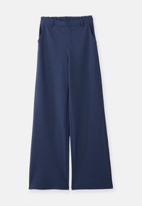 Pantalon bleu marine à jambes larges avec taille élastique, passants de ceinture, poches avant et fermeture frontale cachée, posé à plat sur fond blanc.