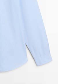 Camicia a righe azzurro chiaro con una texture di tessuto liscia, dotata di polsini con bottone e un orlo arrotondato alla fine delle maniche.