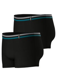 Boxers noirs en tissu doux. Dotés d'une ceinture contrastante avec des rayures bleues et blanches, conçus pour le confort et un bon ajustement.