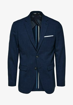 Mørkeblå blazer laget av teksturert stoff med slim fit, to knapper, splittede krager og stripete fòr med et hvitt lommetørkle.