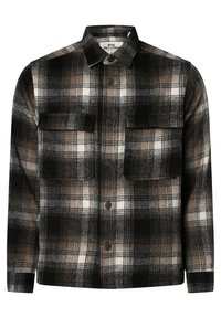 Cămașă din flanel cu carouri în culorile negru, alb și brown. Dispune de guler, două buzunare pe piept și închidere cu nasturi. Textură moale.