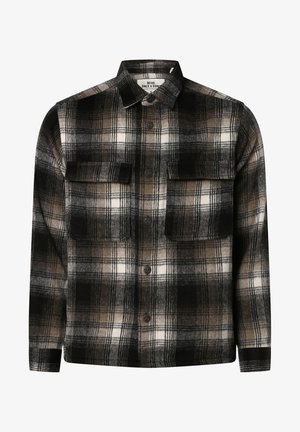 Kariertes Flanellhemd in Schwarz, Weiß und Braun. Mit Kragen, zwei Brusttaschen und Knopfverschlüssen. Weiche Textur.
