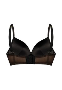 Czarny biustonosz z gładkim materiałowym kubkiem i siateczkowym pasem, z regulowanymi ramiączkami i zapięciem na haftkę z tyłu.