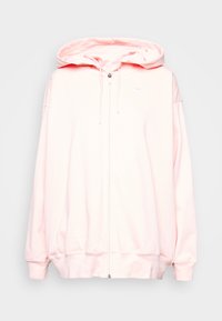 Růžová mikina na zip z měkké látky, s kapucí na stáhnutí, žebrovanými manžetami a malým bílým logem na levé straně hrudi.