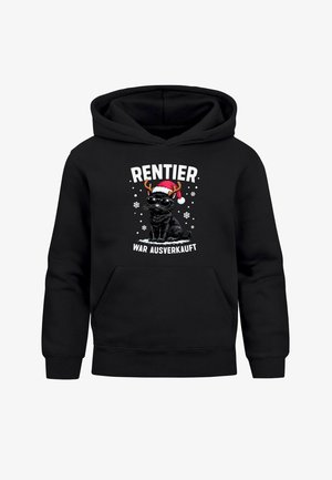 Schwarzer Hoodie mit einer Grafik einer schwarzen Katze, die eine Sonnenbrille, Rentierhörner und einen Weihnachtsmannhut trägt. Der Text lautet "RENTIER WAR AUSVERKAUFT."