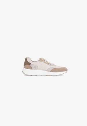 Light beige and taupe sneaker with white sole, lace-up front, suede and perforated leather details, shown in side profile on white background.