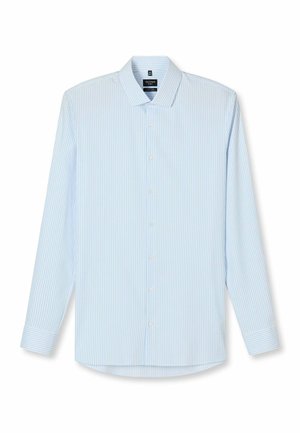 Light blue long-sleeve men's dress shirt with thin white vertical stripes, buttoned front, and classic collar on white background.