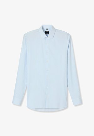 Light blue long-sleeve men's dress shirt with thin white vertical stripes, buttoned front, and classic collar on white background.