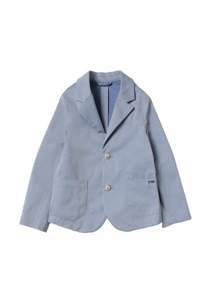Blazer azzurro chiaro in fabricato di cotone, design a un bottone, revers a punta, due tasche frontali e sottile dettaglio del logo ricamato.