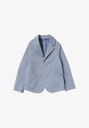 Blazer azzurro chiaro in fabricato di cotone, design a un bottone, revers a punta, due tasche frontali e sottile dettaglio del logo ricamato.