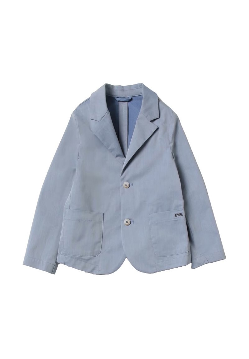 Blazer azzurro chiaro in fabricato di cotone, design a un bottone, revers a punta, due tasche frontali e sottile dettaglio del logo ricamato.