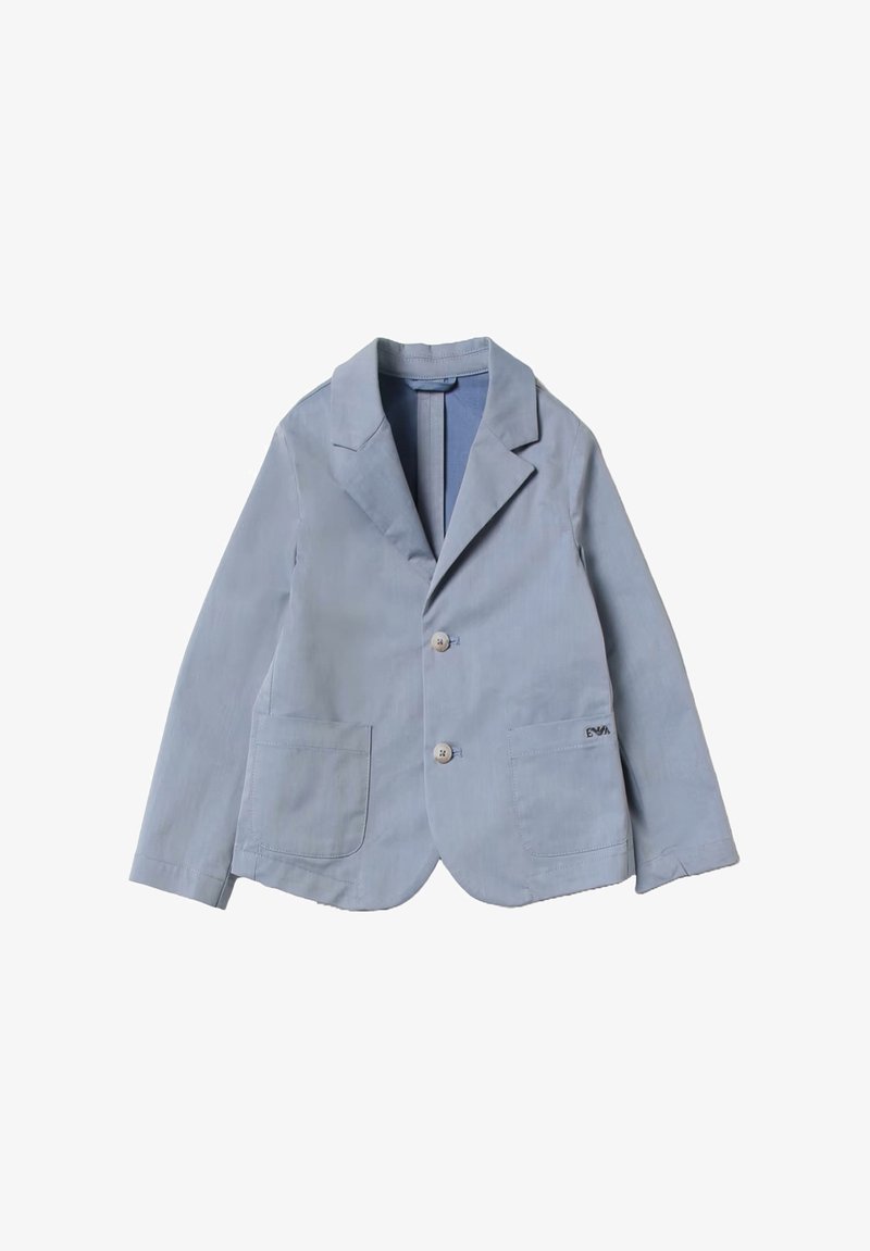 Blazer azzurro chiaro in fabricato di cotone, design a un bottone, revers a punta, due tasche frontali e sottile dettaglio del logo ricamato.