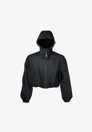 Schwarze Kapuzenjacke mit Reißverschluss, elastischen Bündchen und Saum, Fronttaschen mit Reißverschluss und verstellbaren Kordeln an der Kapuze.