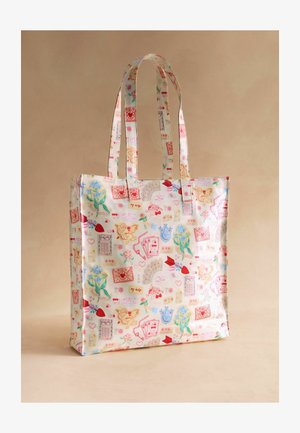 Kangaskott Valentine'i-teemaliste trükkidega, mis hõlmavad kergelt taustal armastuse nooli, lilli, südameid, mängukaarte ja armastuskirju.