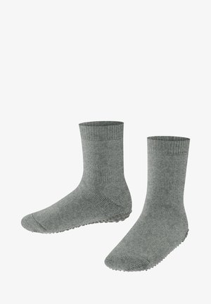 Chaussettes en laine grises tricotées avec des revers côtelés, une surface texturée et des orteils renforcés. Elles sont dotées de semelles antidérapantes pour une meilleure adhérence.