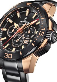Orologio cronografo Festina con quadrante nero, dettagli in rosa oro e bracciale in acciaio inossidabile nero. Include tre sottodial e un display della data.
