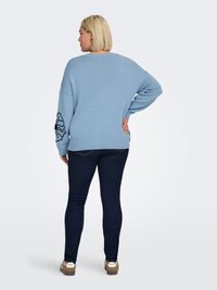 Pull tricoté bleu clair avec une coupe ample, des épaules tombantes et une application florale sur la manche gauche. Porté avec un jean bleu foncé.