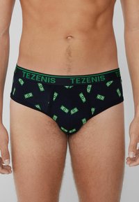 Boxers pour hommes en tissu bleu marine avec un imprimé de billets de banque verts, dotés d'une ceinture noire avec "TEZENIS" en lettres vertes. Coupe standard et texture douce.