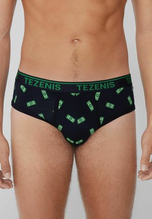 Männer Slips aus navy Stoff mit grünem Geldschein-Motiv, ausgestattet mit einem schwarzen Bund, auf dem "TEZENIS" in grüner Schrift steht. Standardpassform und weicher Textur.