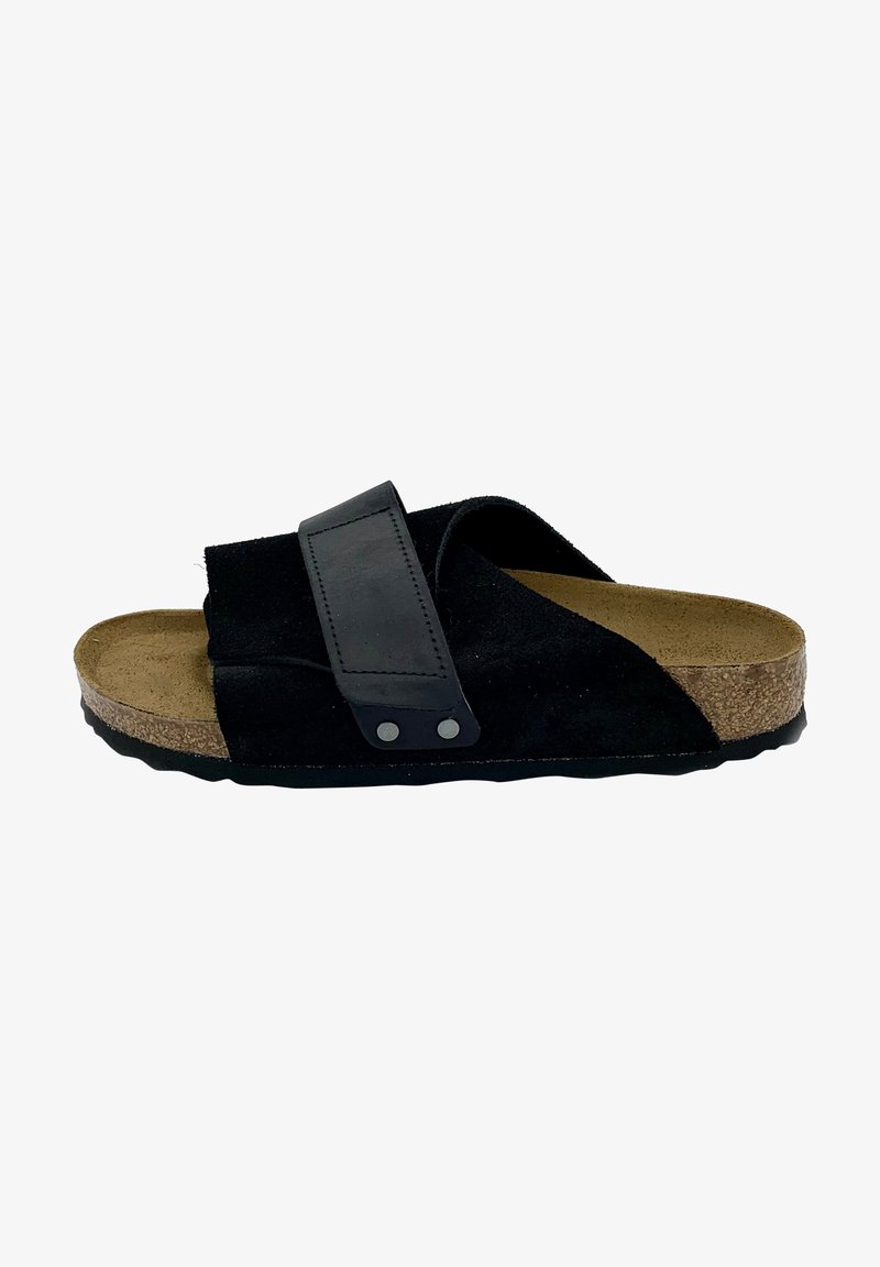 Black suede sandal featuring a wide strap with a textured leather accent, cork footbed, and rubber sole with a wave pattern.