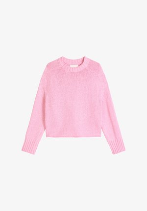 Langärmeliger, rosa gestrickter Pullover mit gerippten Bündchen und Halsausschnitt, mit leicht verkürzter Passform und einfarbiger Strickstruktur.