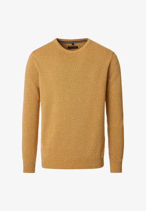 Mosterdgele trui met ronde hals van een gestructureerde stof. Voorzien van lange mouwen en geribbelde manchetten en zoom. Eenvoudig ontwerp, zonder zichtbare logo's.