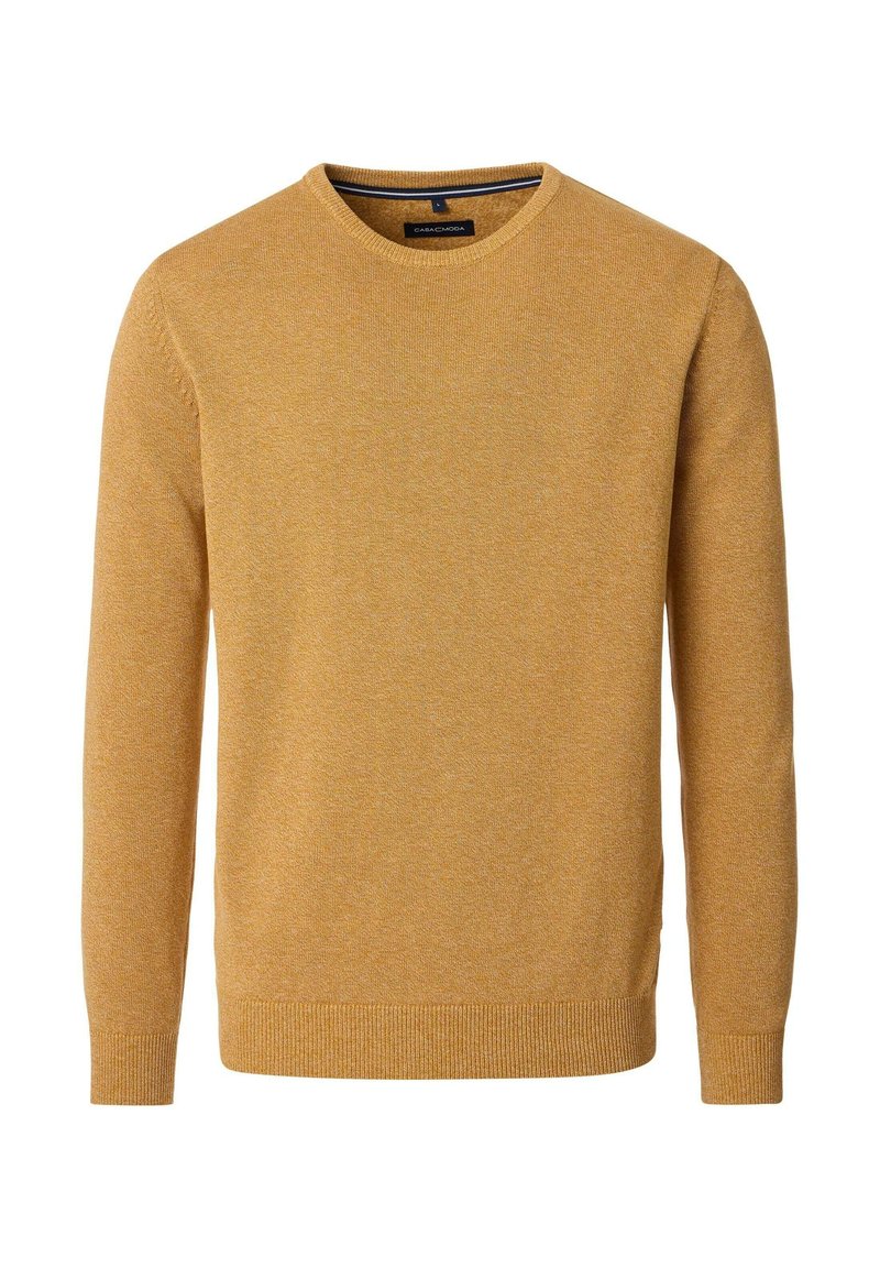 Mosterdgele trui met ronde hals van een gestructureerde stof. Voorzien van lange mouwen en geribbelde manchetten en zoom. Eenvoudig ontwerp, zonder zichtbare logo's.