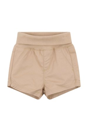 Beige cotton shorts with an elastic waistband, featuring two side pockets and subtle stitching details, designed for comfort and ease of wear.