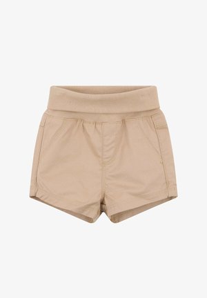 Beige Baumwollshorts mit elastischem Bund, zwei Seitentaschen und dezenten Nahtdetails, entworfen für Komfort und angenehmes Tragen.