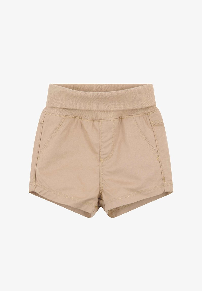 Shorts en coton beige avec une ceinture élastique, dotés de deux poches latérales et de détails de couture subtils, conçus pour le confort et la facilité d'utilisation.