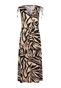 Wickelkleid aus beigem Stoff mit schwarzem Zebra-Muster, V-Ausschnitt und verstellbaren Bindebändern an den Schultern. Inklusive passendem Gürtel.