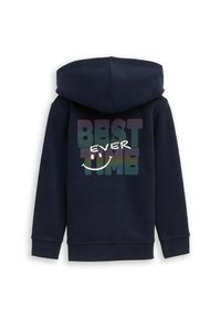 Dunkelblaues Kapuzensweatshirt mit dem Text "BEST EVER TIME" und einem lächelnden Gesicht, im Pastellfarben auf der Rückseite Siebdruck.