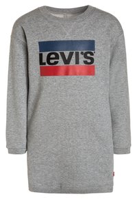 Harmaa pitkähihainen college-mekko, jossa on pyöreä kaula-aukko ja "Levi's"-logo mustana sinisten ja punaisten vaakasuorissa tyylihaaroissa rinnan kohdalla.