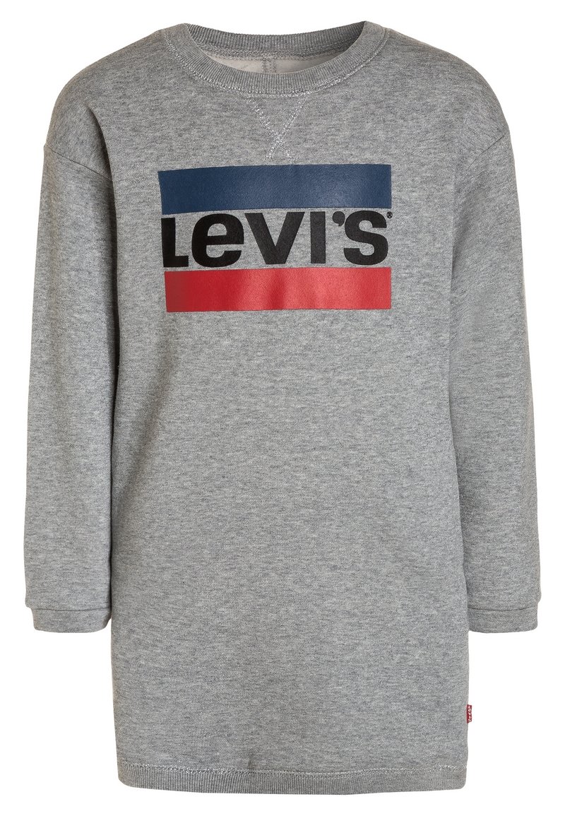 Harmaa pitkähihainen college-mekko, jossa on pyöreä kaula-aukko ja "Levi's"-logo mustana sinisten ja punaisten vaakasuorissa tyylihaaroissa rinnan kohdalla.