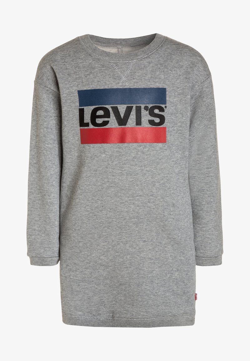 Harmaa pitkähihainen college-mekko, jossa on pyöreä kaula-aukko ja "Levi's"-logo mustana sinisten ja punaisten vaakasuorissa tyylihaaroissa rinnan kohdalla.