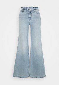 Light blue flared jeans in denim material. High-waisted design, faded finish, subtle whiskering, and a classic five-pocket layout.